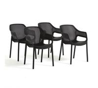 Lot de 4 chaises de jardin empilables en résine renforcée avec dossier ajouré design pour terrasse, bar, restaurant, Sofia - Noir