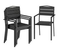 Outsunny Lot de 4 Chaises de Jardin Chaises de Salle à Manger Empilables - HDPE Effet Bois avec Accoudoirs Résistant aux Intempéries - Fauteuils Extérieurs pour Terrasse Balcon Repas Plein Air, Noir