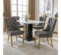 Lot de 4 chaises de salle à manger grises : chaises rembourrées modernes en velours avec anneaux d'attache ronds et clous décoratifs ; chaises de cuisine élégantes avec pieds en acier inoxydable doré