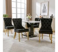 Lot de 4 chaises de salle à manger noires : chaises rembourrées modernes en velours avec anneaux ronds et clous décoratifs ; chaises de cuisine élégantes avec pieds en acier inoxydable doré