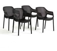 Lot de 4 chaises d'extérieur empilables avec accoudoirs en plastique renforcé de fibre de verre et dossier perforé, pour le jardin, la terrasse, les bars et les restaurants - Sofia/Noir