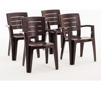 lot de 4 chaises en polypropylène monobloc, empilables avec accoudoirs, résistantes à l'eau, effet bois pour jardin, terrasse, restaurant, bar, faciles à nettoyer - Anita - Moka