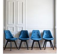 Happy Garden Chaises de salle à manger Nora - lot de 4 velours bleu, coussin, pieds noirs hêtre