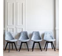 Happy Garden - Lot de 4 chaises Nora - Velours gris, coussin, pieds noirs en hêtre massif