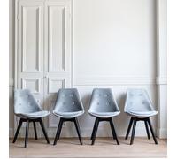 Happy Garden - Lot de 4 chaises Nora - Velours gris, coussin, pieds noirs en hêtre massif