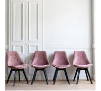 Happy Garden Lot de 4 chaises salle à manger Nora - Velours rose, coussin, pieds noirs hêtre massif