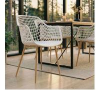 Lot de 4 chaises LUCIA pour salle à mange design retro avec accoudoirs, coque en plastique blanc et pieds en métal décor chêne