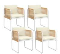Lot De 4 Chaises Rio Structure Métal Blanc, Cordage Effet Rotin Clair Et Coussins Beiges