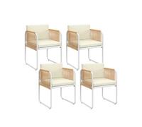 Lot De 4 Chaises Rio Structure Métal Blanc, Cordage Effet Rotin Clair Et Coussins Beiges
