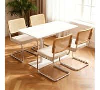 Lot de 4 Chaises Salle à Manger Cantilever Velours Rotin Beige Chrome | Assise moelleuse et dossier tressé main pour un confort aéré, cadre acier testé 150 kg, empilables et faciles à entretenir.