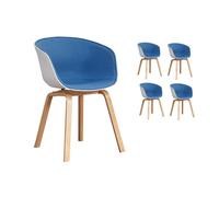 Lot de 4 chaises scandinaves très confortables avec coque en résine blanche revêtue d'un tissu moelleux bleu et des pieds bois