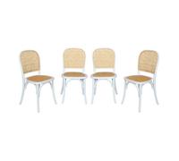 Lot de 4 chaises vintage en bois avec assise et dossier en rotin. coloris blanc. L 44.5 x P 48 x H 89.5cm