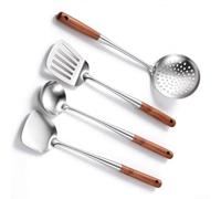 Lot de 4 cuillères en bois pour mélanger et servir | Comprend une spatule, une louche, une écumoire, une spatule, pour les tâches de friture, d'ébullition