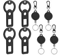 Lot de 4 décapsuleurs porte-clés avec bobine rétractable, 3,8 x 7,5 cm, en métal plat, noir, robuste pour une utilisation portable, outil pratique pour le transport quotidien et les événements sociaux