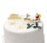Lot de 4 décorations de gâteaux de Noël - Panneau « Merry Christmas », Père Noël sur traîneau et 2 houx - Non comestibles et réutilisables pour cupcakes 3D