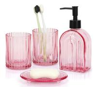Lot de 4 distributeurs de savon de 400 ml, 2 gobelets à dents et | Ensemble d'accessoires de salle de bain rose, organiseur de salle de bain pour brosses à dents et cotons-tiges