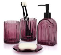 Lot de 4 distributeurs de savon de 400 ml, 2 gobelets à dents et | Ensemble d'accessoires de salle de bain violet - Organiseur de salle de bain pour brosses à dents et cotons-tiges - Motif