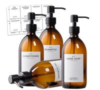 Lot de 4 distributeurs de savon en verre – distributeur pour liquide vaisselle – flacons de shampoing rechargeables – distributeur de gel douche (500 ml) + pompe en acier inoxydable + autocollants