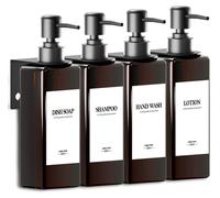 Lot de 4 distributeurs de savon muraux, distributeur de savon marron de 500 ml pour la salle de bains, aucun perçage nécessaire, distributeur de savon de douche en plastique avec entonnoir et étiquett