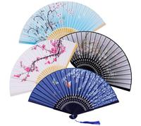 Lot de 4 éventails pliants chinois en bambou avec pompon, pour femme, éventail traditionnel pour femme, mariage, fête, cosplay, décoration de la maison
