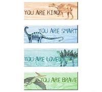 Lot de 4 feuilles d'autocollants muraux dinosaures pour chambre à coucher, salon, décalcomanies en PVC avec illustrations de dinosaures amicales et messages positifs