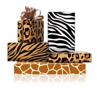 Lot de 4 feuilles de papier cadeau en 4 motifs de pattes d'animaux de la jungle Safari - Avec ruban de soie de 22 m - Girafe, tigre, zèbre, léopard - Pour 1er anniversaire, mariage, Saint-Valentin