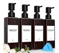 Lot de 4 flacons de shampoing rechargeables en plastique, d'une contenance de 500 ml, comprenant un distributeur de shampoing à pompe marron avec entonnoir et des étiquettes imperméables pour la cuisi