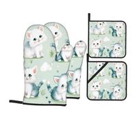 Lot De 4 Gants Four Maniques Cuisine Set Chaton Mignon Et Adorable Antidérapantes Gants De Cuisine Longs Gants De Cuisson pour Griller Micro-Ondes Pâtisserie