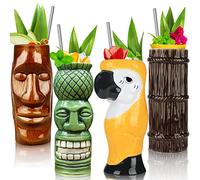 Lot de 4 grandes tasses Tiki en céramique pour cocktails - Motif tropical hawaïen - Pour cocktail - Qualité supérieure - Exotique
