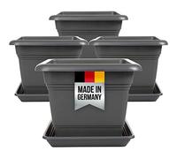 Lot de 4 grands pots de fleurs d'extérieur XXL - En plastique - Anthracite - 48 cm - Avec soucoupe - Fabriqué en Allemagne - Modèle : Alma