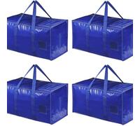 Lot de 4 grands sacs de déménagement bleus pliables de 90 l avec fermeture éclair, poignées, sangles de sac à dos, pour déménagement, camping, linge de lit, rangement de vêtements