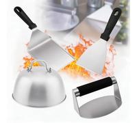 Lot de 4 hamburgers Smash en acier inoxydable - Avec spatule à barbecue, spatule, presse à hamburger et cloche à hamburger
