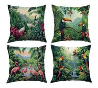 Lot de 4 Housse de Coussin Motif Animaux de la jungle Décoratif Canapé Lmpression Recto Verso Taie d'oreiller Paysage tropical Decoration Housses de Coussin en Velours pour canapé Home Decor 55x55cm