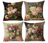 Lot de 4 Housse de Coussin Taie d'oreiller Décoratif Coton et Lin Carré Invisible Housse Coussin Impression Recto-verso pour Voiture De La Maison Canapé,45x45cm(Fleurs de pivoine vintage)