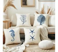 Lot de 4 housses de coussin décoratif thème océan et plage, coussins décoratifs bleus d'été style nautique, thème marin, pour cadeau de Noël 45*45graphique,LettresPolyester