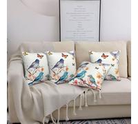 Lot de 4 housses de coussin décoratives carrées douces et modernes pour canapé, chambre à coucher, sofa - Motif oiseaux et papillons - 45,7 x 45,7 cm