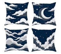 Lot de 4 housses de coussin décoratives modernes avec fermeture éclair dissimulée pour maison, chambre à coucher, salon, canapé, motif nuages, lune et étoiles, bleu marine nuit, 40,6 x 40,6 cm