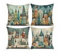 Lot de 4 housses de coussin en lin imprimées sur une face, motif Noël, pou
