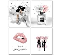 Lot de 4 impressions d'art mural tendance à l'aquarelle tendance pour femmes, rose et noir, parfum floral tendance, lèvres à talons hauts, décoration murale pour filles, salle de bain, maison, 30,5 x