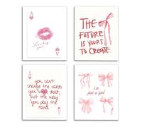 Lot de 4 impressions d'art mural tendance sans cadre, motif coquette avec nœud rose rétro, décoration de chambre, dortoir, appartement, 30,5 x 40,6 cm