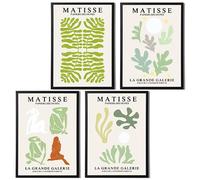 Lot de 4 impressions murales inspirées de Matisse sur papier mat - Motifs botaniques et abstraits de femme vert sauge, formats A3 et A4 - Décoration murale pour chambre/salon (impression A4