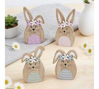 Lot de 4 lapins de Pâques décoratifs en bois pour le printemps et la décoration de Pâques en bois - Lapin de Pâques - Pour l'intérieur et l'extérieur - Décoration de table de jardin, Pâques, printemps