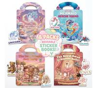 Lot de 4 Livres d’Autocollants Réutilisables, Gommettes 3D Repositionnables | Pour Enfants 3-8 Ans, Gommettes Lavables, Jouet d'Éveil Éducatif, Thèmes Licorne Sirène Poupée