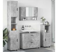 Lot de 4 meubles de salle de bain en bois et métal Gris béton 35 x 30 x 192 | Montage mural, armoire de lavabo, armoire à miroir, armoire basse et haute, portes encastrées, poignées à barre