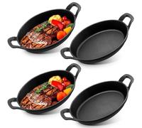 Lot de 4 Mini Poêles en Fonte avec Poignées, 21 x 15 cm Plat de Service Ovale en Fonte, Plat à Four Individuel Pré-assaisonné, Poêle Polyvalente pour Cuisson, Four, Camping et Cuisine