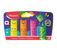 Lot de 4 Mini Surligneurs Fluo - Maped - Format compact. personnages kawaï - Couleurs vives : jaune. orange. rose. vert