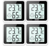 Lot de 4 mini thermomètres hygromètres numériques d'intérieur - Mesure de la température et de l'humidité - Affichage du confort et des smileys - À poser ou à coller - Pour salon, bureau, chambre de