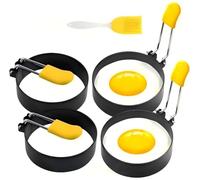 Lot de 4 moules à œufs au plat - Noir - Pour la poêle - Avec 1 pinceau - En acier inoxydable antiadhésif - Avec poignées pliantes et pinceau en silicone