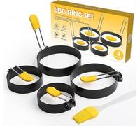 Lot de 4 moules à œufs en acier inoxydable en forme d'œuf, avec brosse et couvercle en silicone résistant à la chaleur – ustensile de cuisine pour œufs au plat, sandwichs et pain de viande