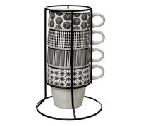 Secret de Gourmet Mugs Atmosphera Bohemia – Lot de 4 avec support en porcelaine Noir et Blanc